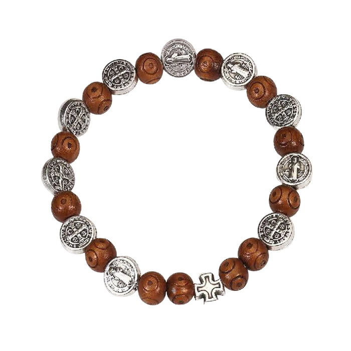 Bracelet St Benedict Medals and Wood Beads Stretch