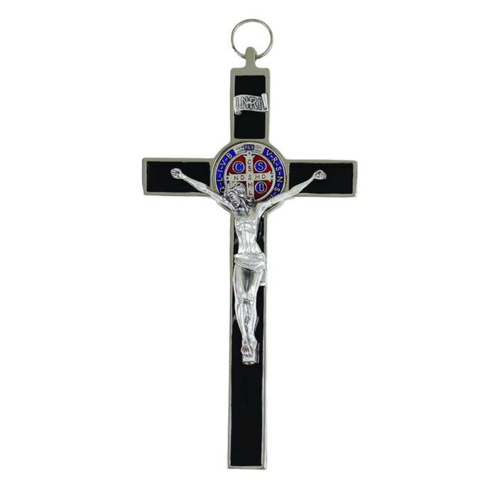 St Benedict Crucifix 8" Black Enamel with Red and Blue Enamel Medal