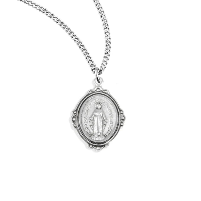 Miraculous Medal Sterling Silver Oval Fancy Edge on 18" Chain
