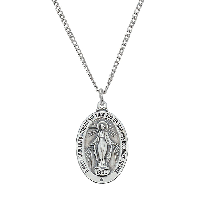 Miraculous Medal 1" Sterling Silver 20" Chain
