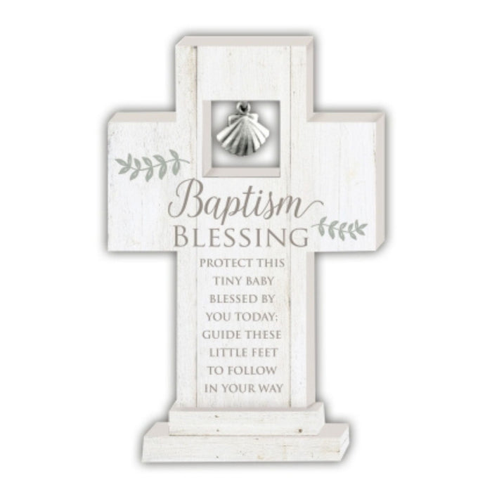 Baptism Blessing Standing Cross with Shell Dangle Charm