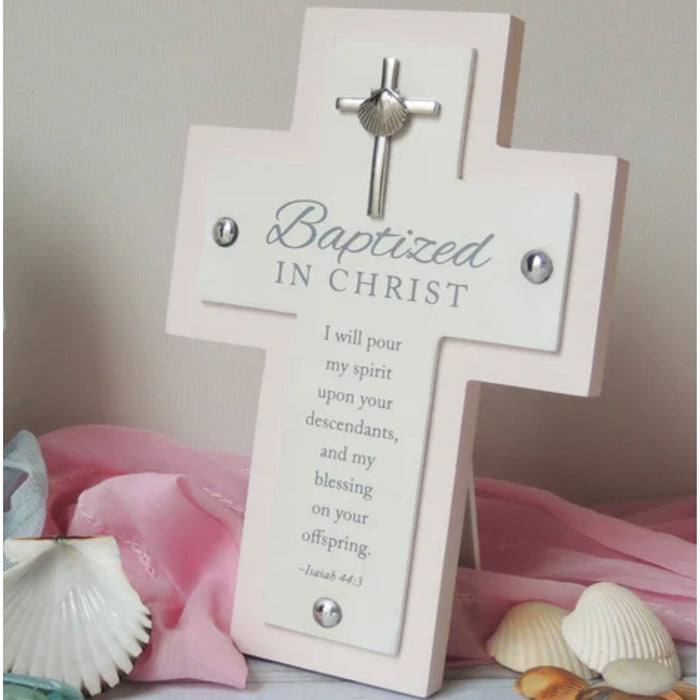 Baptism Cross "Baptized in Christ" Pink