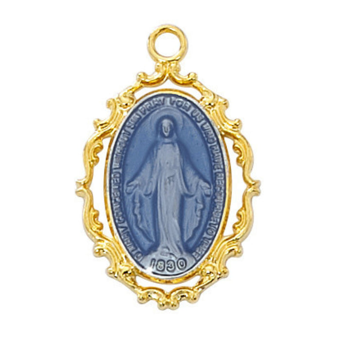 Miraculous Medal Gold Over Sterling with Blue Epoxy 18" Chain