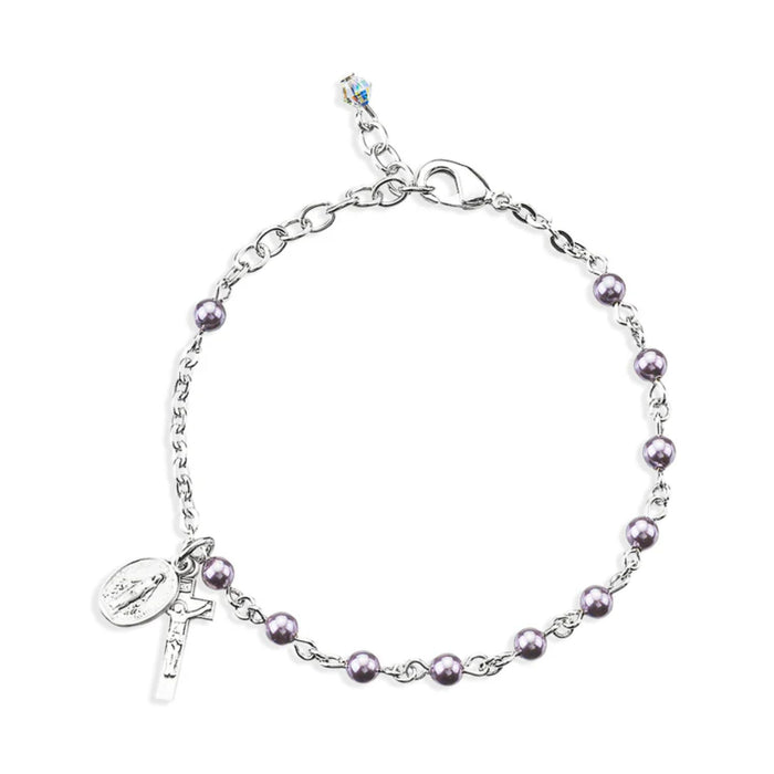 Child Rosary Bracelet 4mm Violet Pearl Beads and Sterling Silver