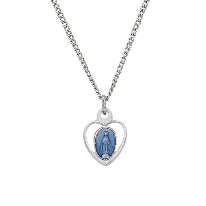 Child's Miraculous Medal Heart With Blue Enamel Sterling Silver on 13" Chain