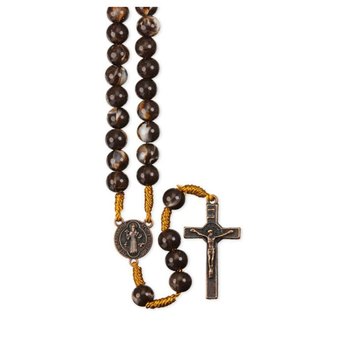 Rosary 8mm Marbleized Brown Beads with Bronze St. Benedict Crucifix