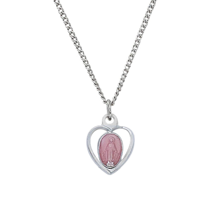 Child's Miraculous Medal Heart With Pink Enamel Sterling Silver on 13" Chain