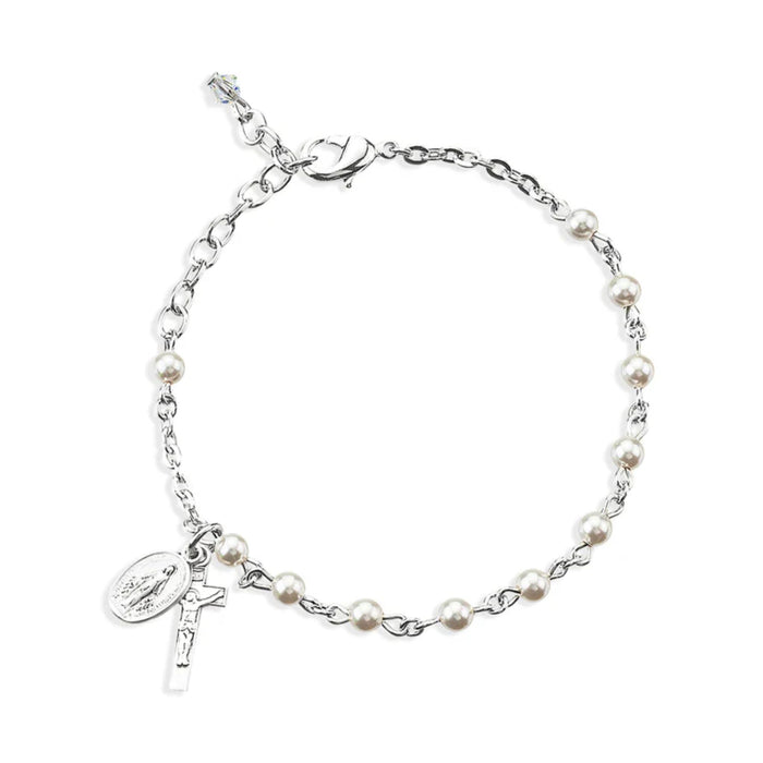 Child Rosary Bracelet 4mm White Pearl Beads and Sterling Silver