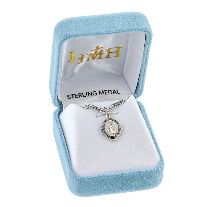 Miraculous Medal Sterling Silver Oval Fancy Edge on 18" Chain