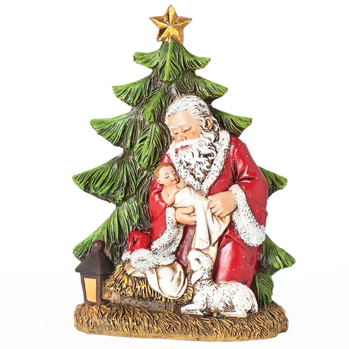Kneeling Santa Holding Baby Jesus by Tree Figure