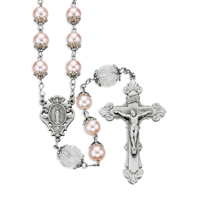 Rosary 8mm Pink Pearl Beads with Crystal Our Fathers