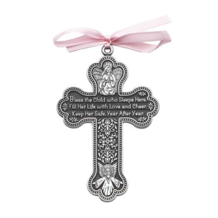 Crib medal "Bless This Child" 3" Pewter with Pink Ribbon
