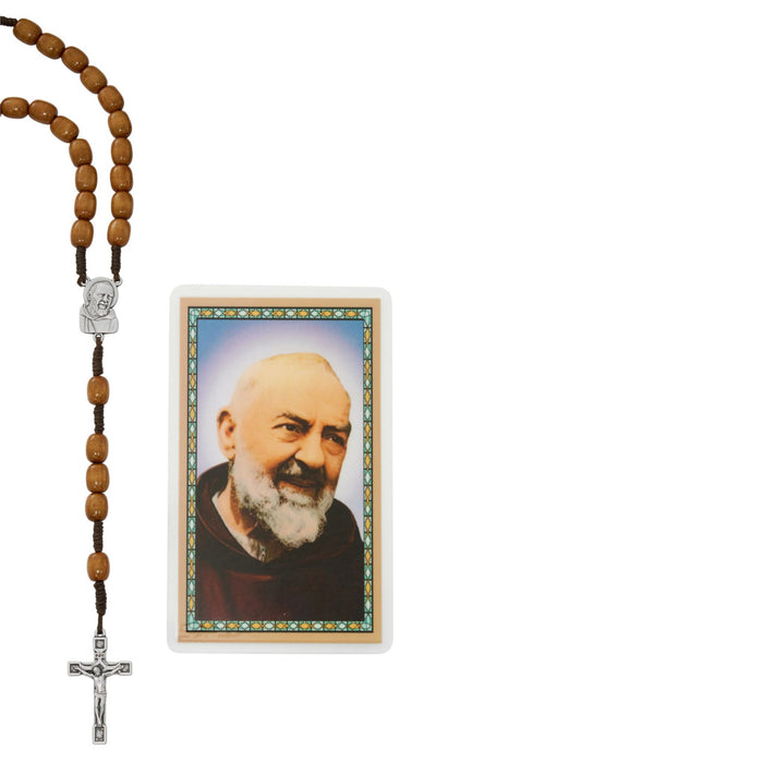 Rosary St Padre Pio 10mm Wood Beads and Card Set