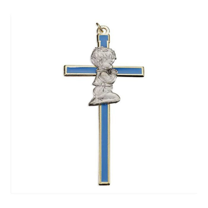 Cross 4.5" Pewter and Blue Epoxy with Boy Figure