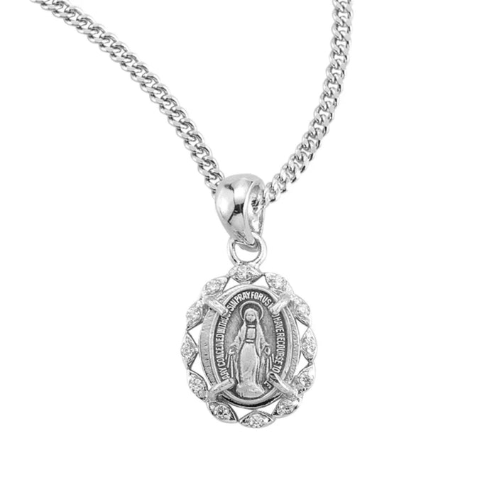 Miraculous Medal Sterling Silver Crystal Cubic Zirconia 18" Chain