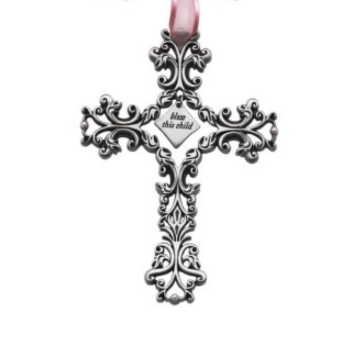 Baptism Bless This Child Cross Filigree design with Pink Ribbon