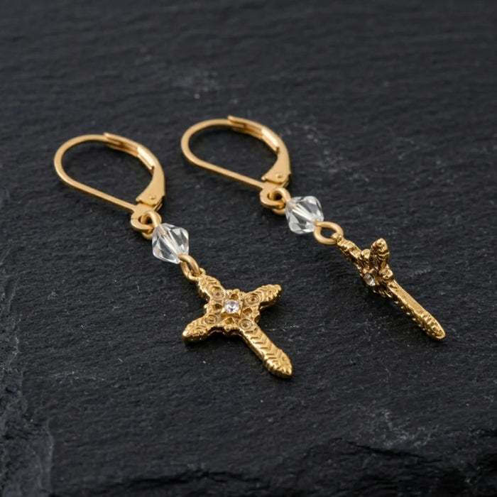 Earrings Ornate Cross with Crystal & Lantern Bead