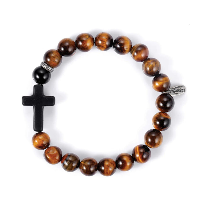 Men's Bracelet Tiger Eye Beads And Sideways Cross