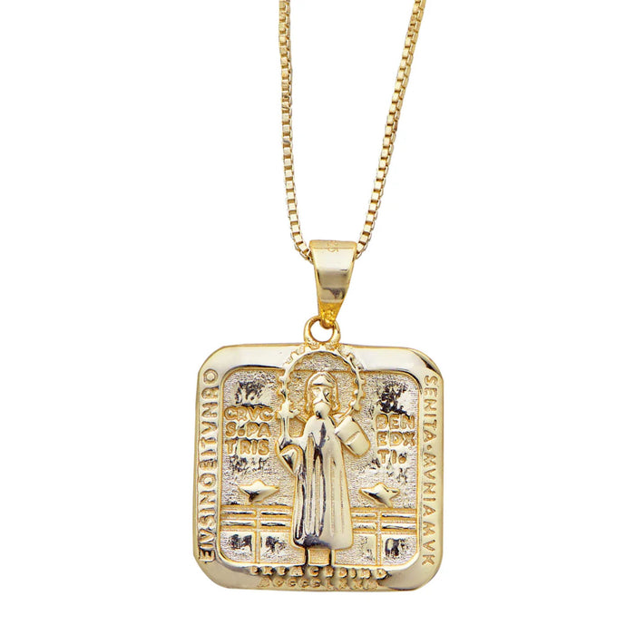St. Benedict 18k Gold Pendant Necklace with Box Chain