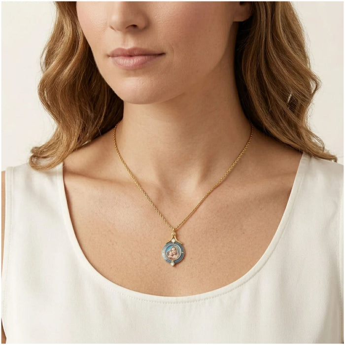 Madonna and Child with Blue Enamel Necklace 16" + 3" Extender