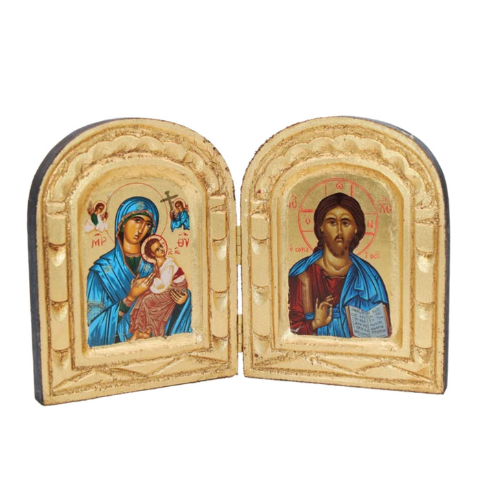 Icon/Diptych of Madonna and Christ the Teacher Arched Gold Foiled