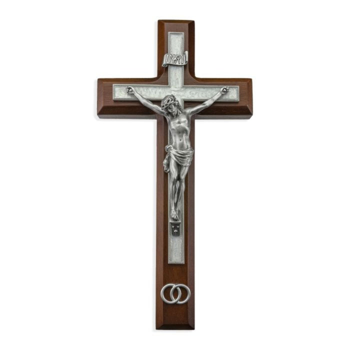 Wedding Crucifix 10" Walnut with Rings and Pearlized Inlay