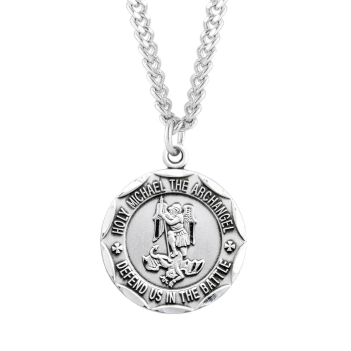 St Michael Medal Scalloped Edge Sterling Silver on 24" Chain