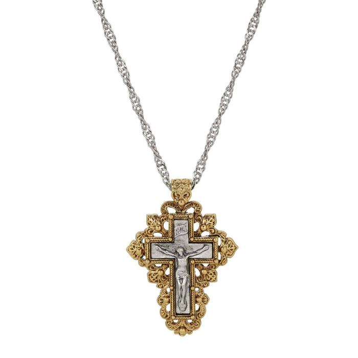 Crucifix Pendant Fleur De Lis Frame Necklace 24"