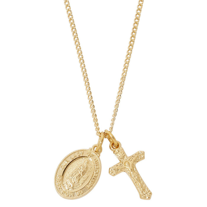Crucifix and Guadalupe Medal Gold over Sterling on 16-18" Chain