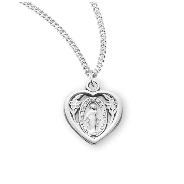 Child's Miraculous Medal Sterling Silver Heart Shape on 13" Chain