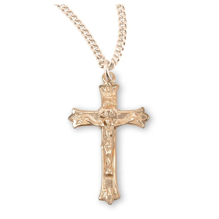 Crucifix 1" Triple Flare Tip Gold Over Sterling on 18" Chain