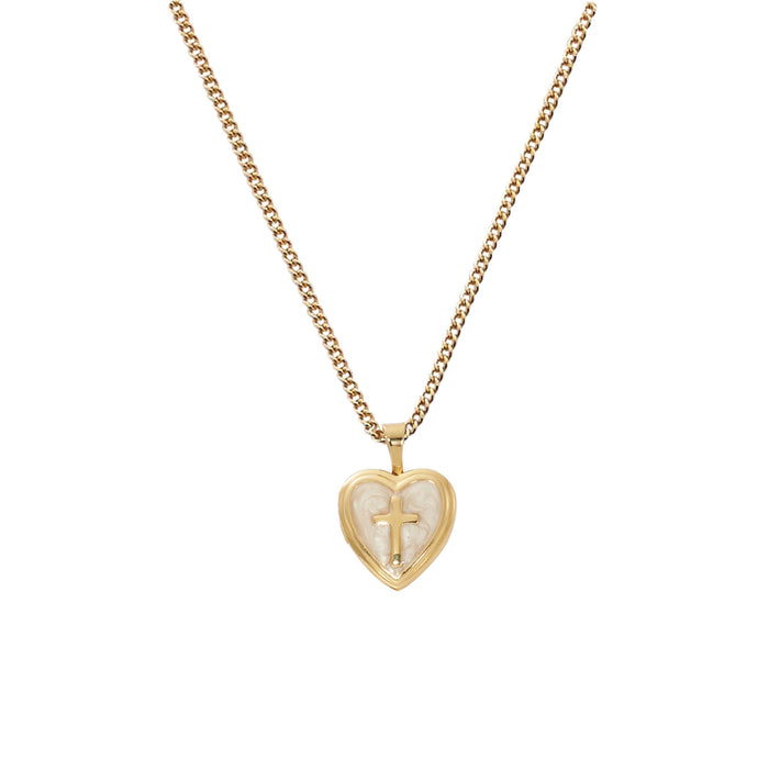 Cross Heart Locket with Mother of Pearl on 16-18" Chain