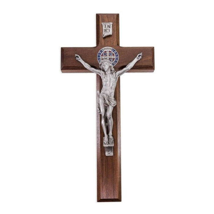 Crucifix 10" Solid Walnut with St Benedict Epoxy Medal