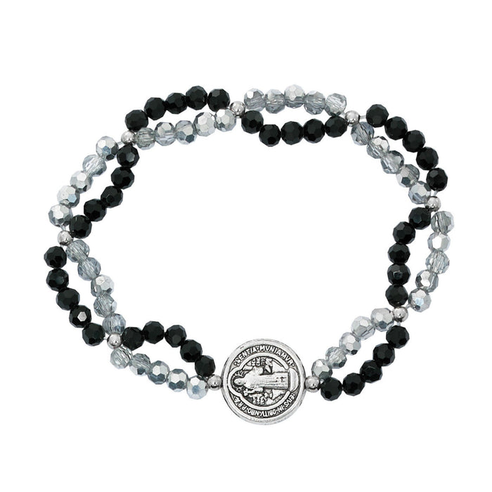 Bracelet St Benedict Medal with Silver and Black Beads