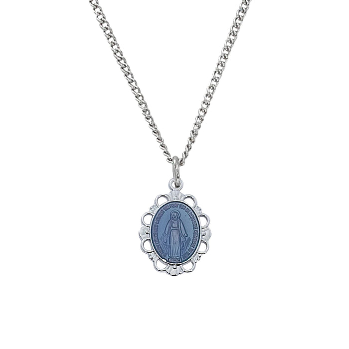 Miraculous Medal Sterling Silver With Blue Enamel Loop Frame on 18" Chain