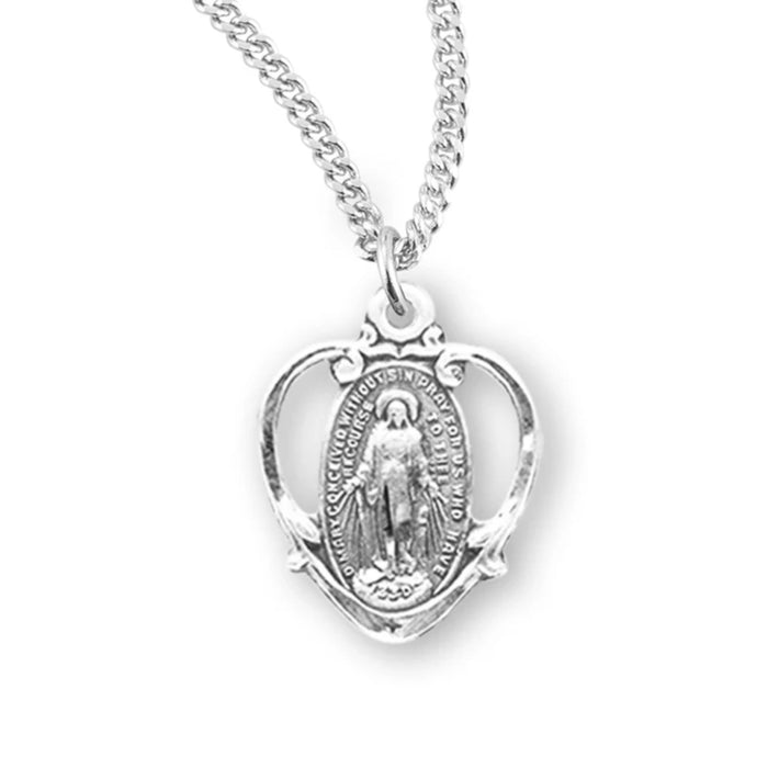 Miraculous Medal Open Heart Frame Sterling on 18" Chain
