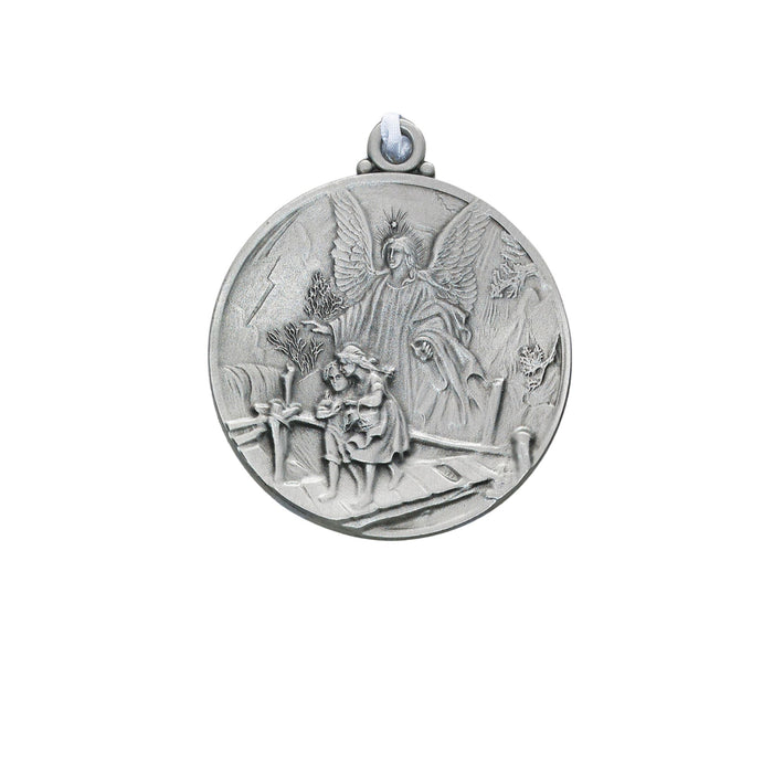 Guardian Angel Crib Medal in Pewter with White Ribbon