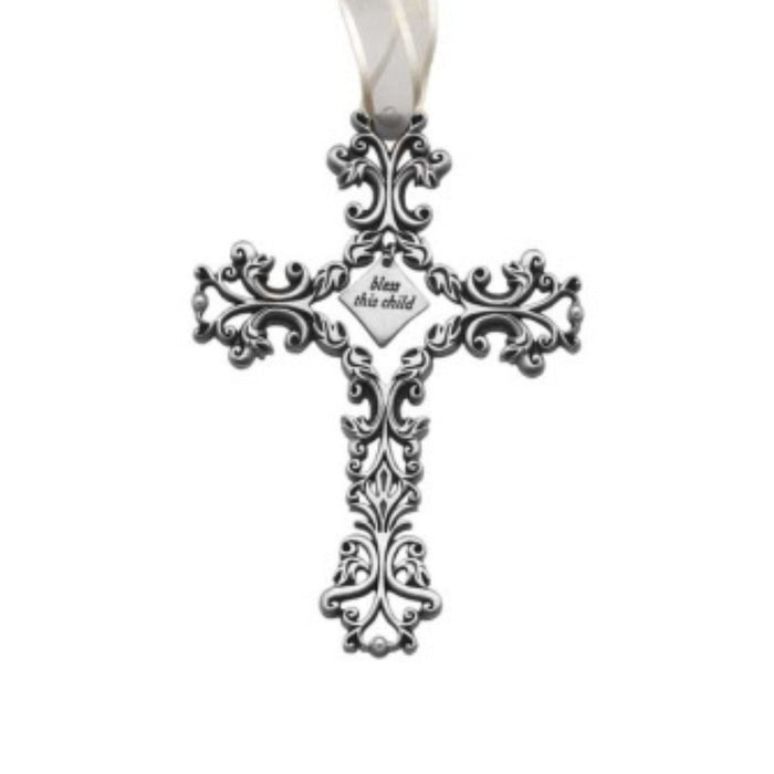 Baptism Bless This Child Cross Filigree design with White Ribbon