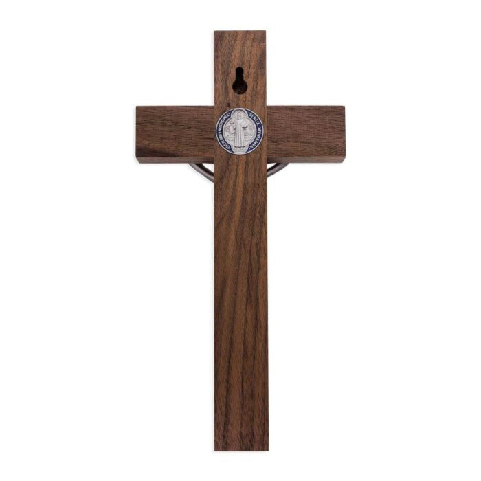 Crucifix 10" Solid Walnut with St Benedict Epoxy Medal