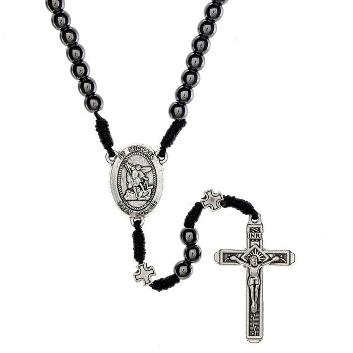 St. Michael Cross 7mm Hematite Beads Cord Rosary