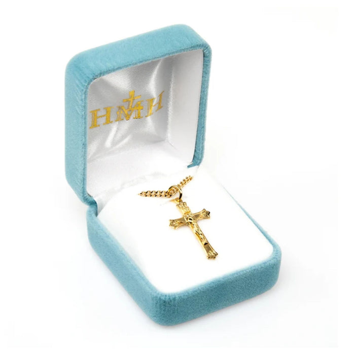 Crucifix 1" Triple Flare Tip Gold Over Sterling on 18" Chain