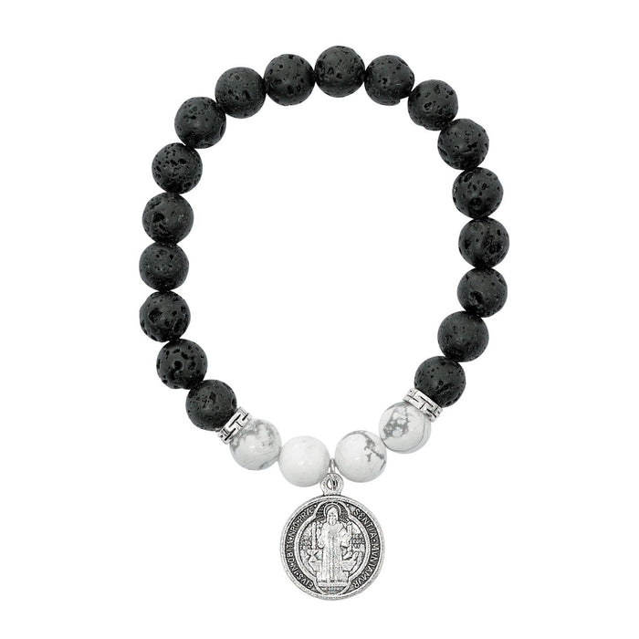 Bracelet St Benedict Black Lava & Howlite Beads