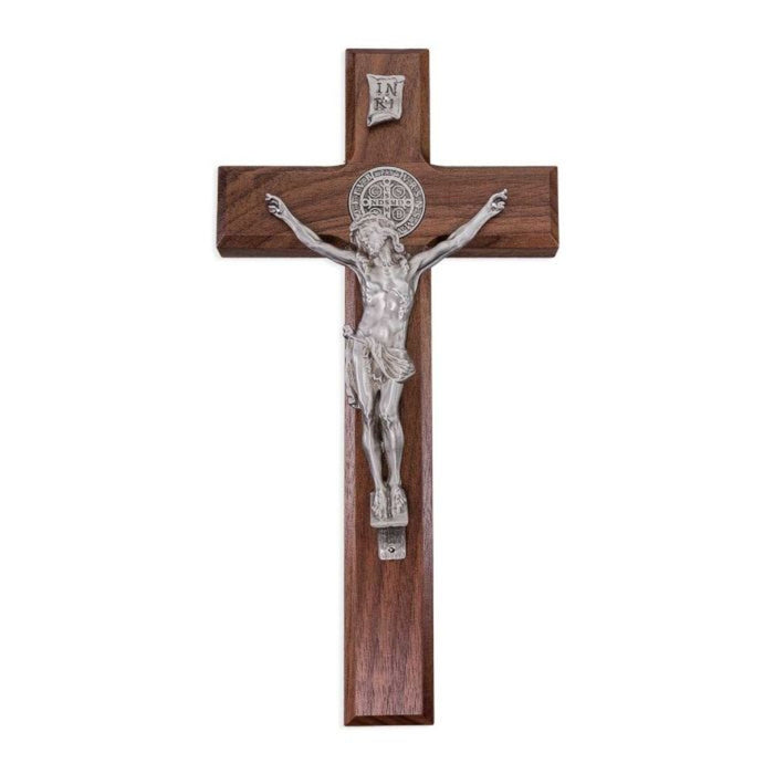 Crucifix 10" Solid Walnut with St Benedict Pewter Medal