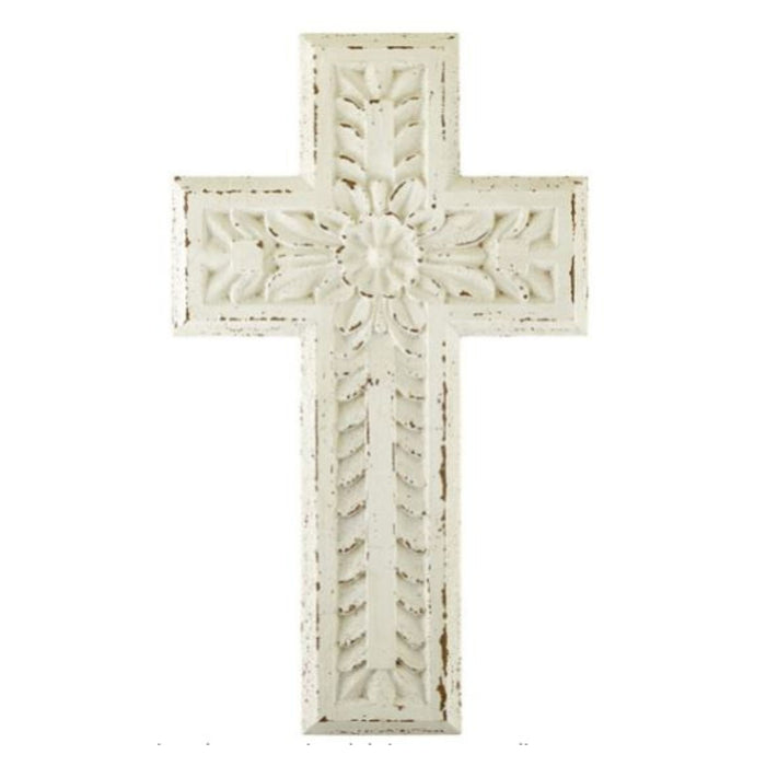 Cross White Carved Wood 10" x 17"