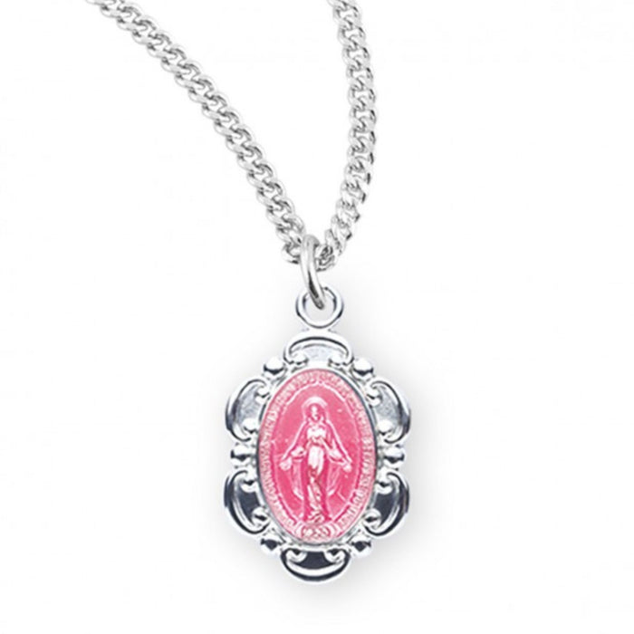 Child Miraculous Medal 0.6" SS Baroque Pink Enamel on 13" Chain