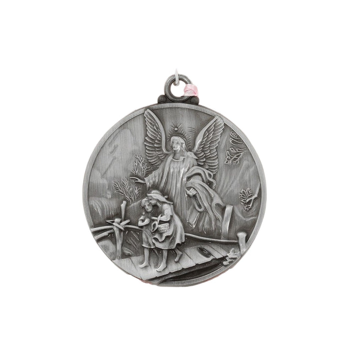 Guardian Angel Crib Medal in Pewter with Pink Ribbon
