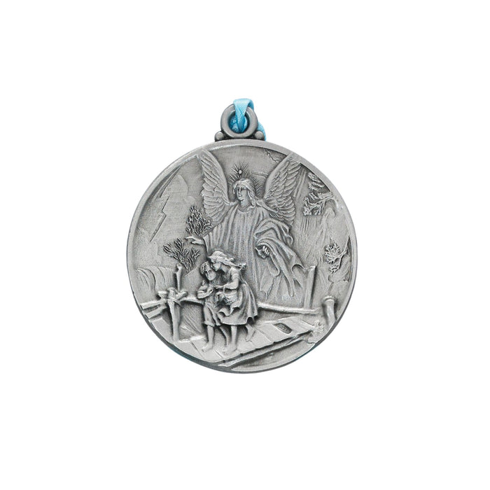 Guardian Angel Crib Medal in Pewter with Blue Ribbon
