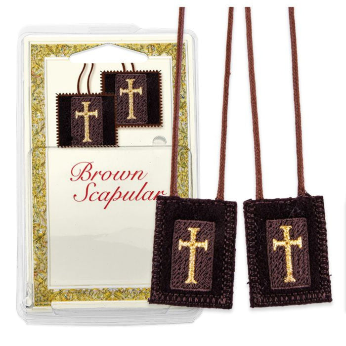 Scapular Genuine Brown Wool with Latin Crosses Boxed
