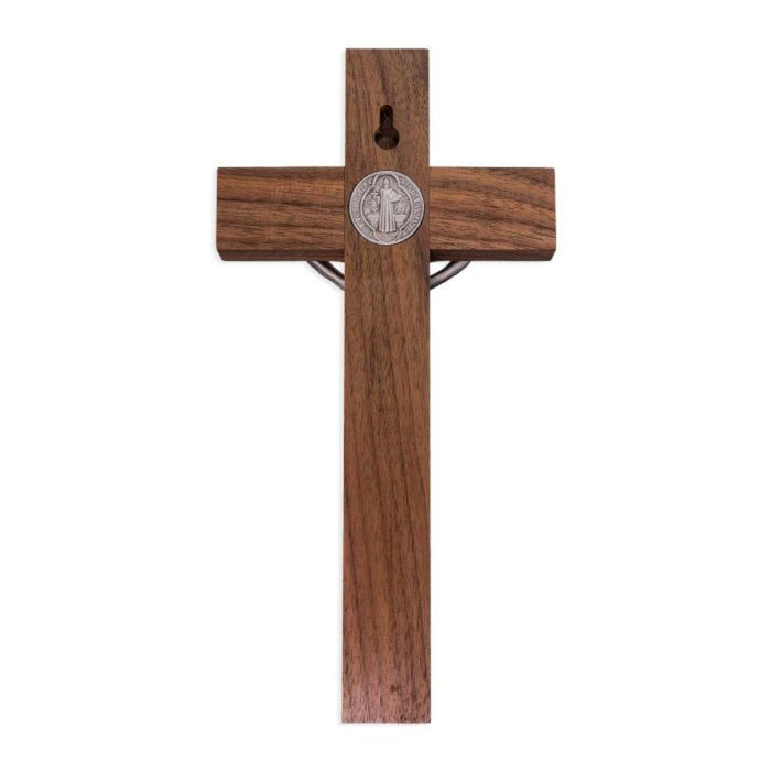 Crucifix 10" Solid Walnut with St Benedict Pewter Medal
