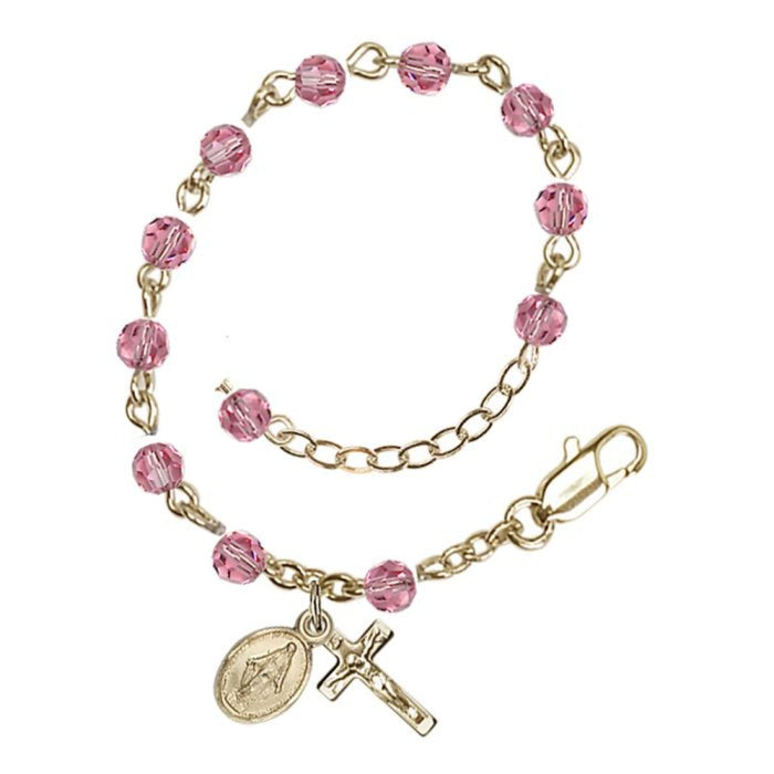 Child Rosary Bracelet Gold Plate in Rose Color Austrian Crystal Beads